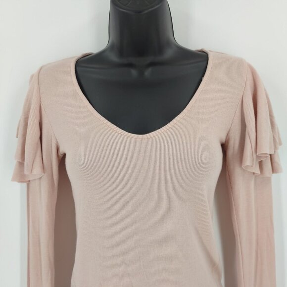 FP We The Free Sz XS Light Pink Round Neck Ruffle Shoulder Long Sleeve Casual T - Picture 4 of 8